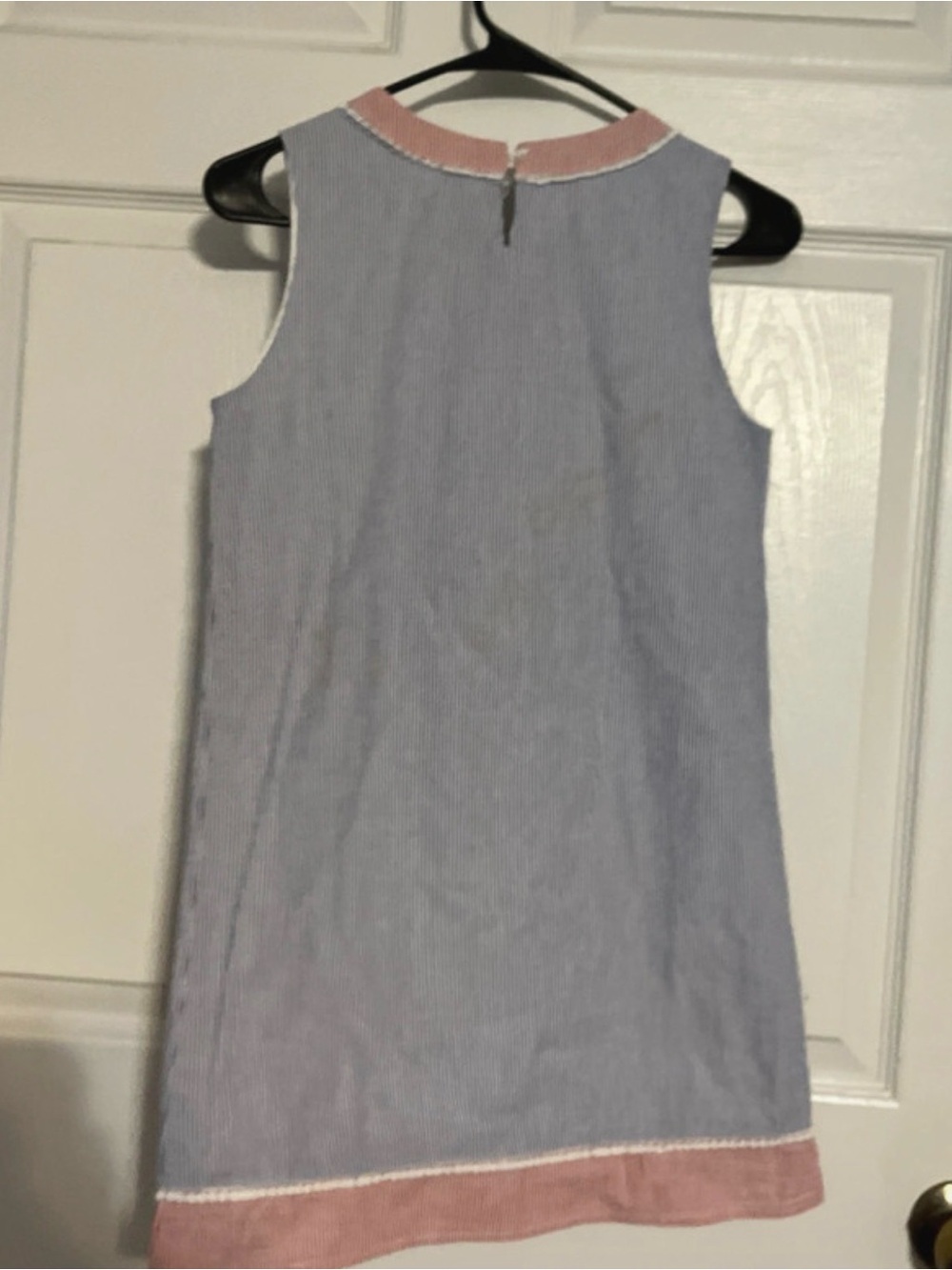 Girls' Sleeveless Blue Pinstripe Dress with Pink Trim - Picture 2 of 6